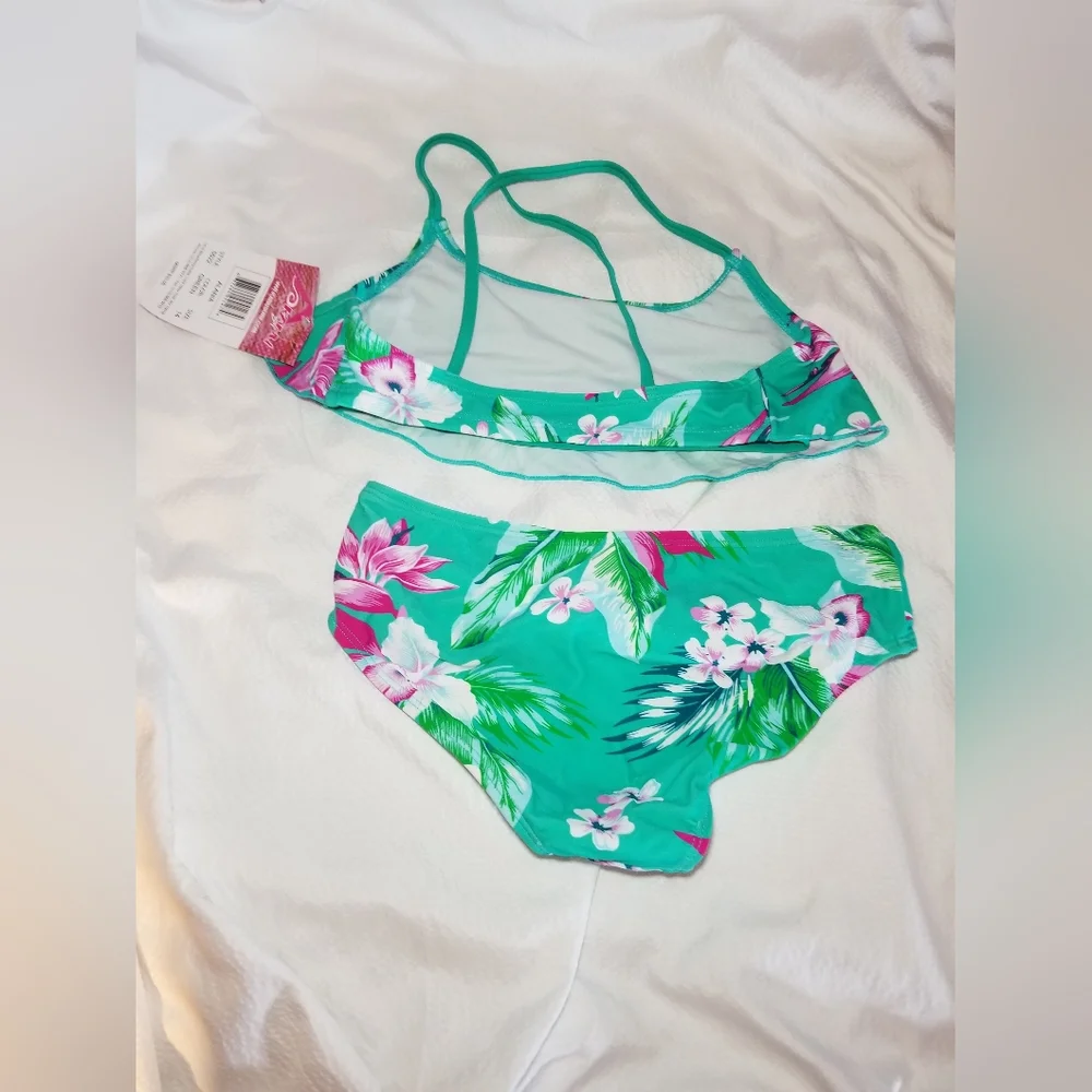 NWT GIRLS CROSS BACK RUFFLE  TROPICAL BIKINI SWIM SET